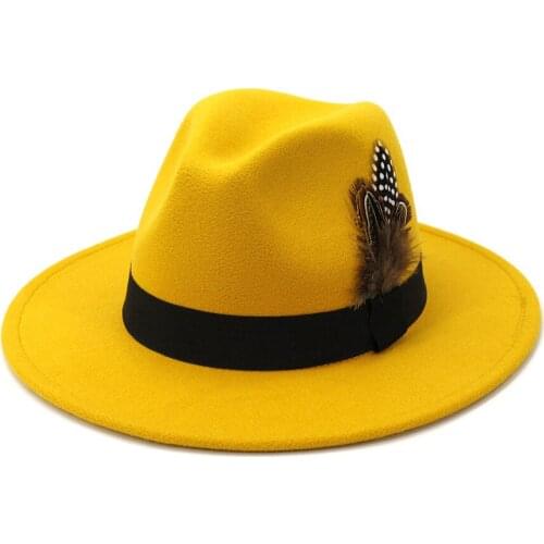 Yellow feather Fedoras men fedora hat men panama top cap unisex hat Military color fedoras large brim hat church hat party hat