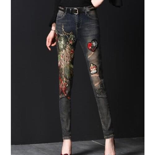 Womens Korean Fashion phoenix embroidery Slim Jeans Female Sexy sequins paillette Jeans Plus Size Pencil Pants TB638