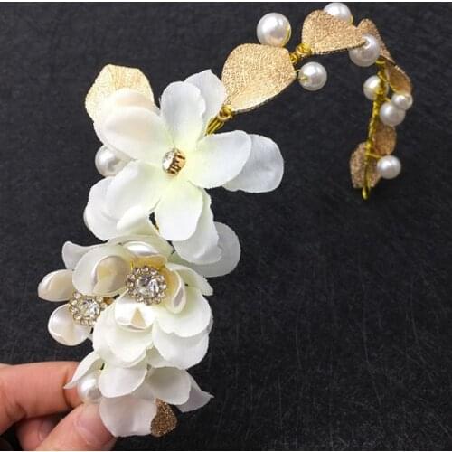 White Flower gold leaf Women Girl Headband Bride Tiaras Crown Headpiece Floral Bridal Hair Jewelry Wedding Accessories