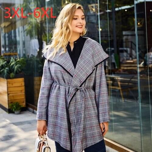 New autumn winter plus size jacket cardigan for women large plaid Irregular casual loose long sleeve coats gray 4XL 5XL 6XL 7XL