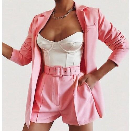 2021 new Two-piece Female Suit Sexy Office Lady 2021 Summer and Autumn Solid Color Lapel Cardigan Jacket and Belt Pants Jumpsuit