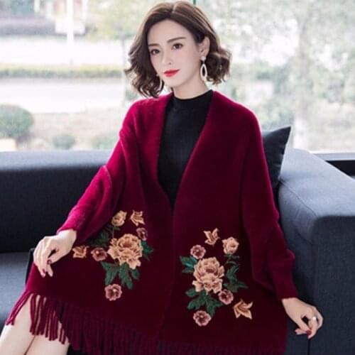 Mink Hair Embroidered Tassel Knitted Shawl Women Long-sleeved Cardigan Thick High-end Warm Cloak Sweater Poncho Female Autumn
