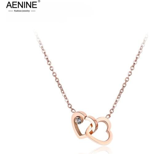 AENINE Double Heart CZ Crystal Chain Link Pendant Necklaces Jewelry Titanium Steel Rose Gold Choker Necklace For Women AN18058