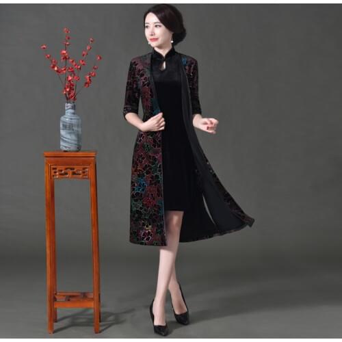 Older Women Dress Autumn 2019 Velvet Dress Robe Vintage Femme Mandarin Collar Vestidos Elegant Chinese Dresses AA4354