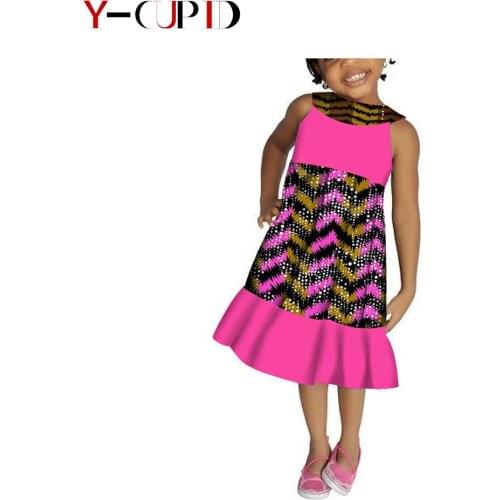 African Clothes for Kids Bazin Riche Girls Ankara Print Floar Draped Dresses Summer Casual Children Outfits Attire YS1845001
