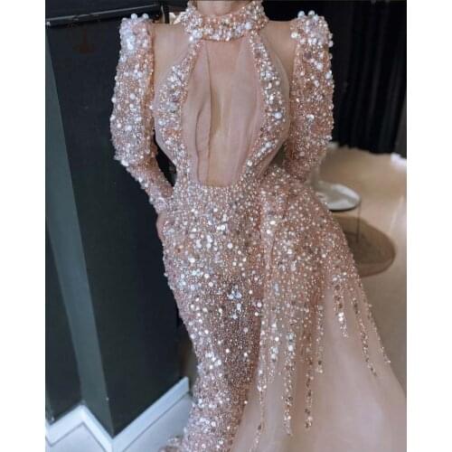 Designer Evening Dresses High Collar Beaded Shinny Long Sleeve Mermaid Rose Gold Vestidos De Fiesta with Overskirt 2022