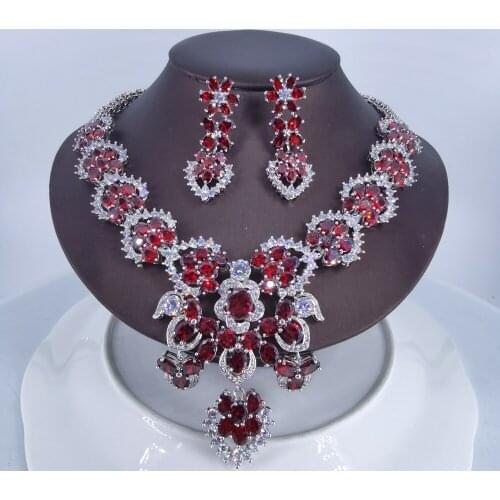 2021 new fashion luxury red flowers zircon necklace earring set,wedding bridel dinner party banquet dress jewelry free shipping