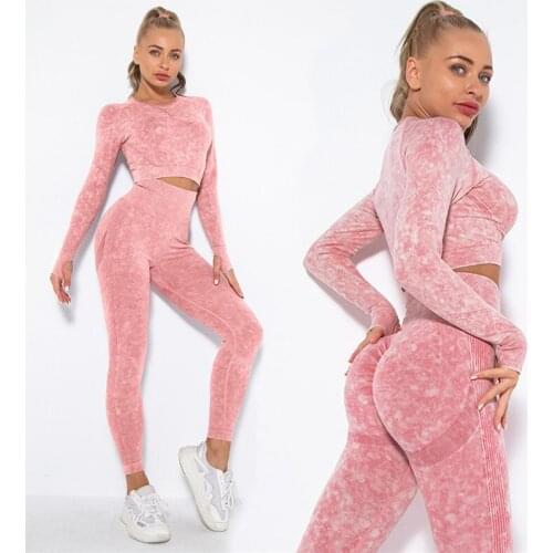 2PCS Seamless Women Yoga Set Workout Sportswear Gym Clothing Fitness Long Sleeve Crop Top High Waist Leggings Sports Suits