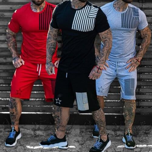 2021Men Trendy T-shirt suit Summer Casual Sports Line Mens Short-sleeved Suit Two Pieces Tracksuit Set Patchwork Sportswear Male