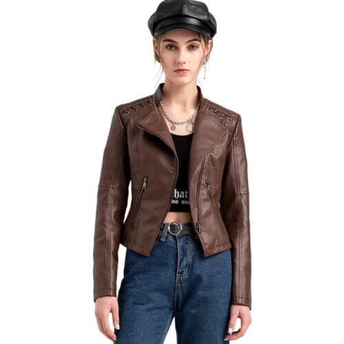 2021 Women Fashion Pu Leather Women Slim Short Jacket Solid Zipper Plachwork Spring Autumn Casual Outwear Coat