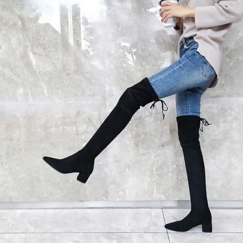 LAIGZEM Over Knee Kid Suede Womens Boots Mid Chunky Heels Winter Boots Soft Warm Shoes Woman Botines Mujer Large Size 34-43