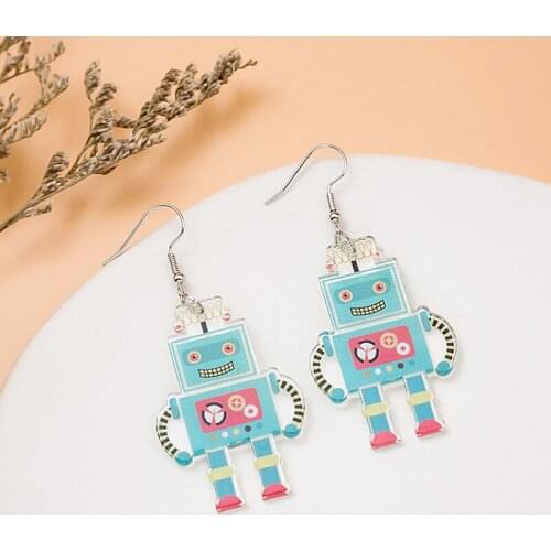 Cute Asymmetric Graffiti Robot Drop Earrings For Women Girls Fashion Geometric Pendant Acrylic Dangle Ear Jewelry Gifts