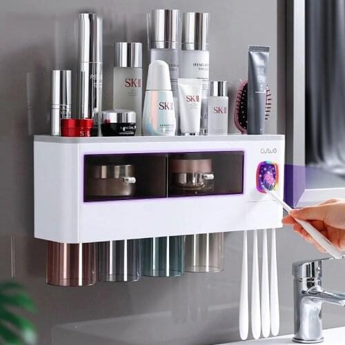 New Toothbrush Holder For Bathroom Automatic Toothpaste Squeezer Wall With Cup Storage Rack Organizer Bathroom Accessories