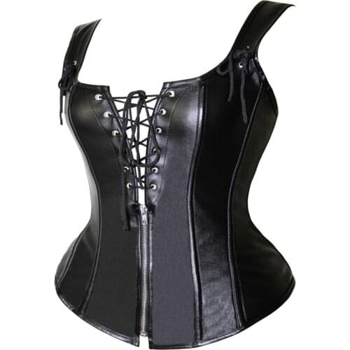 Punk Gothic Leather Front Zipper Bustier Tops Vest Overbust Push Up Chest Corset Waist Trainer Sexy Gorset For Woman