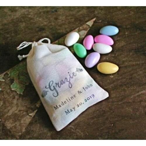 Personalized Italian wedding thank you candy bags, Bachelorette Hangover relief Kits Jewelry gift Bags muslin pouches gift bags