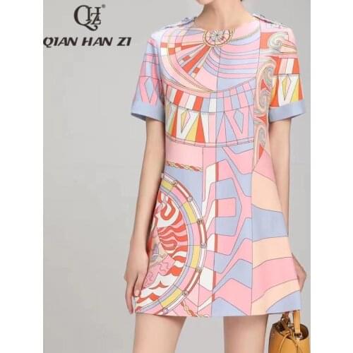 Qian Han Zi spring fashion designer autumn dress vintage pattern print elegant Diamonds straight dress Women New 2021