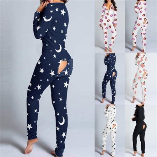 Richkeda Store New 2021 Sexy Women Pajamas Onesies Button-down Front Functional Buttoned Flap Adults Pyjama V-neck Long