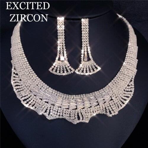 Luxury fashion womens jewelry necklace earrings two-piece set exquisite shiny zircon crystal wedding bride and bridesmaid