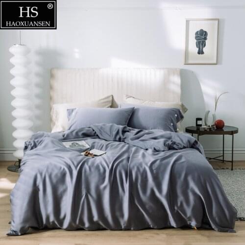 Light Blue 4Piece Bedding Sets Tencel Lyocell Soft Breathable Pillowcase Duvet Cover Fitted Sheet Bed Sheet Queen King Size