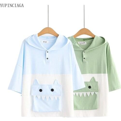 Harajuku Dinosaur Pocket Japan Style Patchwork Hooded Sweatshirt 2021 Summer Kawaii Short Sleeve Hoodies Sweet Pullover 2115869