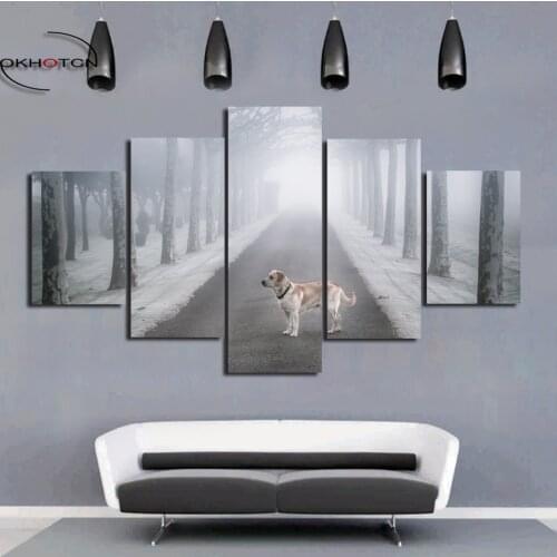 Fog Forest Road Dog Animal Poster Painting 5 Panels Painting Modular Picture for Bedroom Living Room Home Decor