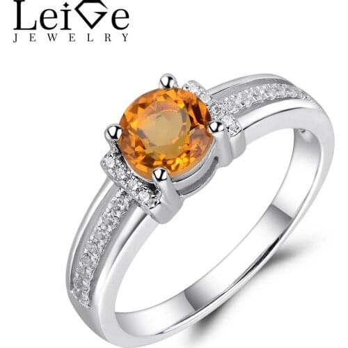 Leige Jewelry Genuine Citrine Ring Yellow Crystal Engagement Anniversary Rings for Women Round Cut Gemstone Silver 925 Jewelry