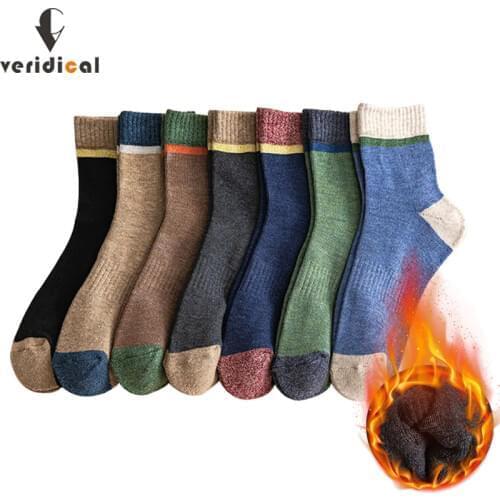 VERIDICAL 5 Pairs/Lot Thermal Socks Mens Winter Thick Cotton Colorful Striped Terry Socks Good Quality Business Socks Novelty
