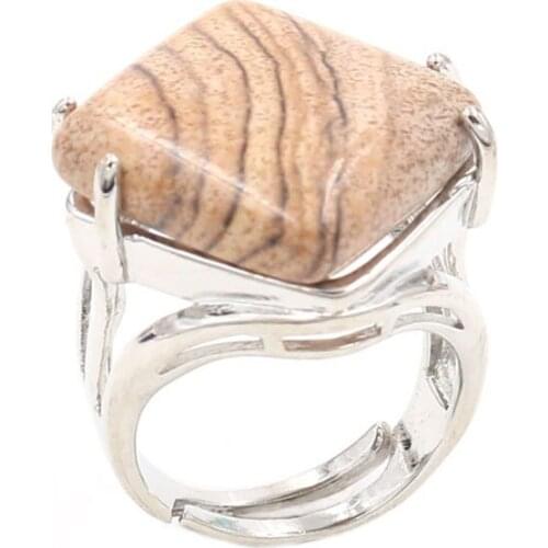 YJXP Silver Plated Rhombus Shape Picture Stone Adjustable Finger Ring Engagement Jewelry