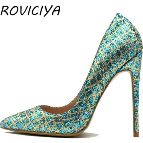 Gold green glitter shoes high heels 12 cm 10 cm 8cm heel sexy high heels woman party shoes LF002 ROVICIYA