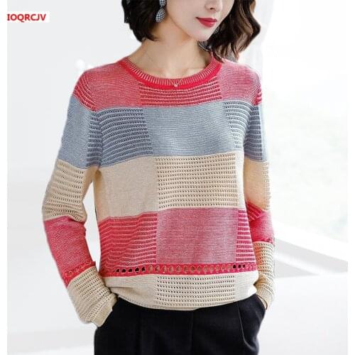 Womens Hollow Out Sweaters And Pullovers 2019 Spring Autumn Casual Loose Patchwork Long-sleeved Striped Knitted Jumper Pull 991