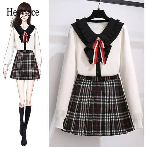 Women Korean college style Peter Pan Collar Knitted sweater And Plaid Pleated Skirt Set Sweet Fashion Student Two Pieces Sets