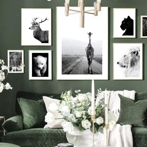 Giraffe On The Road Reindeer Polar Bear Lion Panther Nordic Poster Wall Art Print Canvas Painting Decor Pictures For Living Room