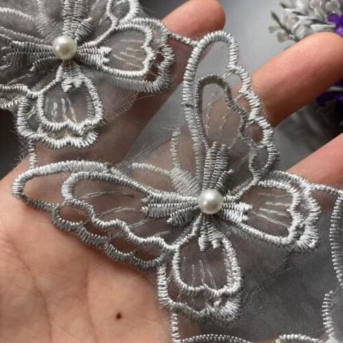 10X Gray Lace Trim Ribbon Mesh Bowknot Rhinestones Embroidered Patches Applique Fabric DIY Wedding Dress Sewing Supplies 5.5CM