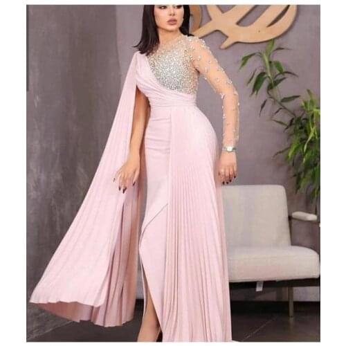 2021 Long Sleeves Sheer Pleats Beading Evening Dresses Floor Length Front Slit Evening Gowns