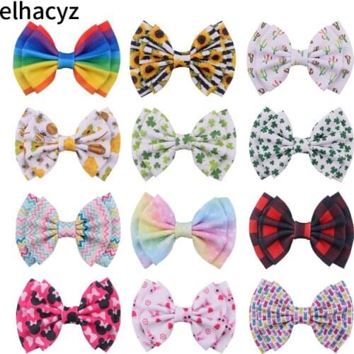 10pcs/lot Chic Big Print 6" Waffle Fabric Hair Bow With/Without Clip For Girls Popular Headwear Kids Soft DIY Hair Accessories