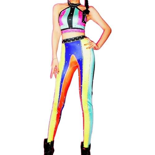 Women Diamonds Rainbow Colorful Sleeveless Halter Tops Pants 2 Pieces Set Nightclub Pole Dancing Costumes DJ Singer Stage Wear