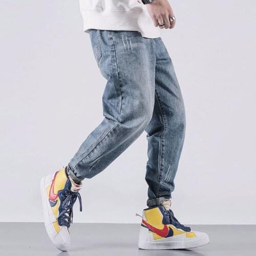 Japanese Vintage Fashion Men Jeans Retro Blue Loose Fit Ripped Denim Harem Pants Streetwear Hip Hop Wide Leg Designer Jeans Men
