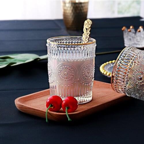 European Vintage Embossed Gold-rimmed Sun Flower Glass Water Glass Heat-resistant Breakfast Cup Fruit Decoration Wine Glass