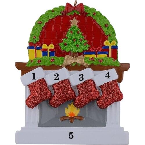 Resin Fireplace Stocking Family Of 4 Christmas Ornaments Personalized Gifts With Wreath Write Own Name For Holiday or Home Decor