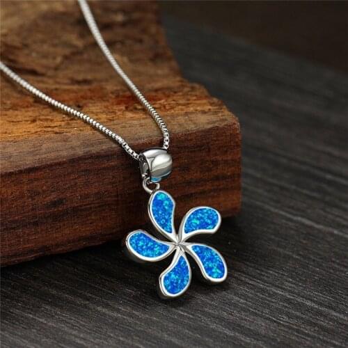 Classic Blue Women Pendant Silver Color Chain Necklace For Women Luxury Bridal Flower Wedding Engagement Jewelry