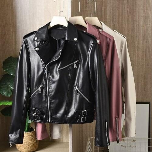 Korean Slim Lapel Long sleeve Faux Leather Jacket Women Spring Oblique zipper Soft Leather Biker Outwear Jaqueta Couro Feminina