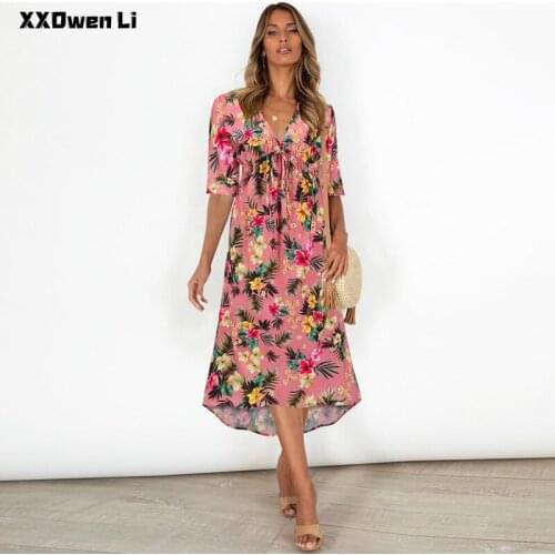 Summer Dresses Floral Shirring Beach Midi Dress for Woman Casual Short Sleeve Womens Dresses Elegant Asymmetrical Ladies Dress