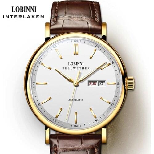 LOBINNI Men Business Automatic Watches Leather Strap Analog Display Mechanical Watch Date Week Sapphire Glass Watch