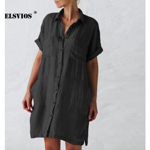 Fashion Summer Women New Turn-down Collar Casual Solid Color Shirt Dress Slim Elegant Half Sleeves Buttons Cardigan Pocket Dress