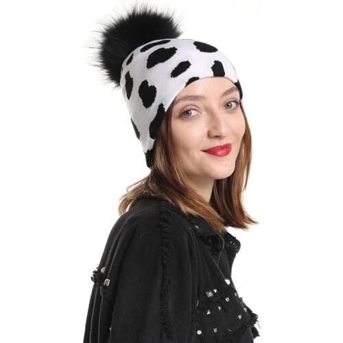 2020 New Fashion Cow Print Hat Warm Knitted Winter Real Fur Pompom Hats For Women Girls Black Pom Pom Beanie Cap