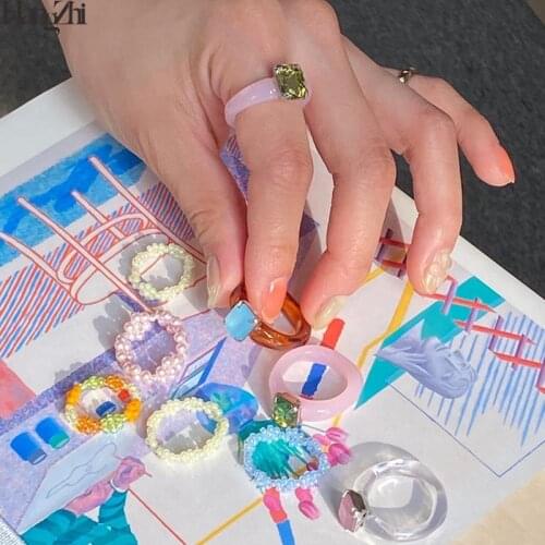HangZhi 2020 New Vintage Colorful Shiny Transparent Acrylic Crystal Glass Square Cocktail Ring for Women Girls Party Jewelry
