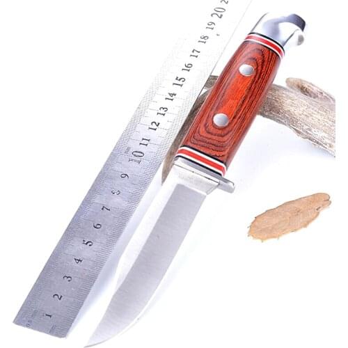 7.87'' Fixed Blade Knife Wood Handle Outdoor Survival Tactical Straight Knife Self-defense Tools Camping Hunting Knives Sheath