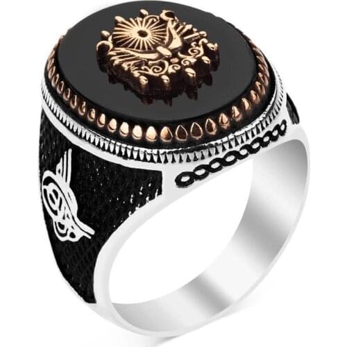 Oval Men Black Onyx Gemstone Ring Ottoman Coat of Arms - Tughra Motif Ring Handmade Men Jewelry Men Acccessories