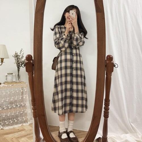 Plaid Dress Autumn Linen Dress Square Neck Mori Girl Dresses Vintage 2020 Korean Kawaii Short Sleeve Clothes Mini Elegant Retro