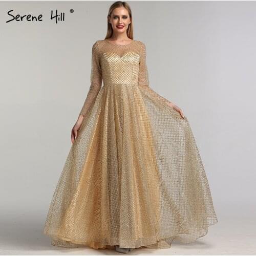 Gold Muslim Long Sleeves A-Line Prom Dresses 2020 O-Neck Luxury Glitte Formal Prom Gowns Real Photo BLA60942